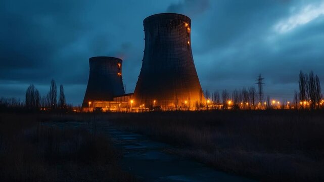 Nighttime view of a nuclear power plant with illuminated cooling towers and dark sky