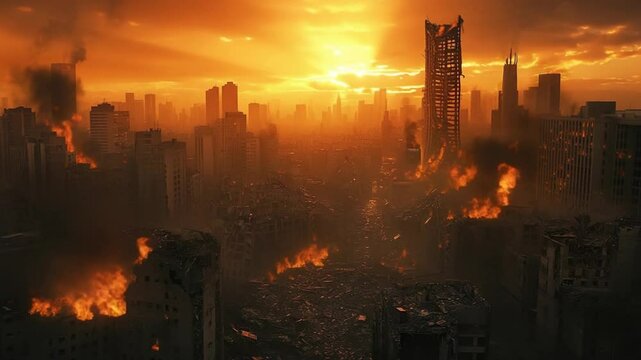 Apocalyptic urban landscape with ruins and fire, concept of natural disaster aftermath