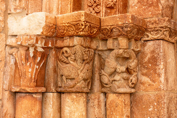 Beautiful Romanesque Capitals of San Pedro Church Primitive Portal. Castrillo-Solarana, Burgos,...