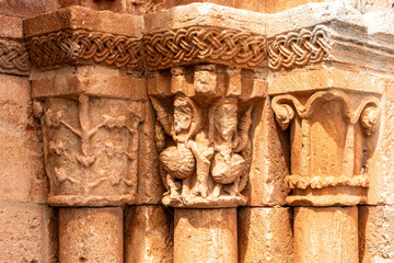 Beautiful Romanesque Capitals of San Pedro Church Primitive Portal. Castrillo-Solarana, Burgos,...