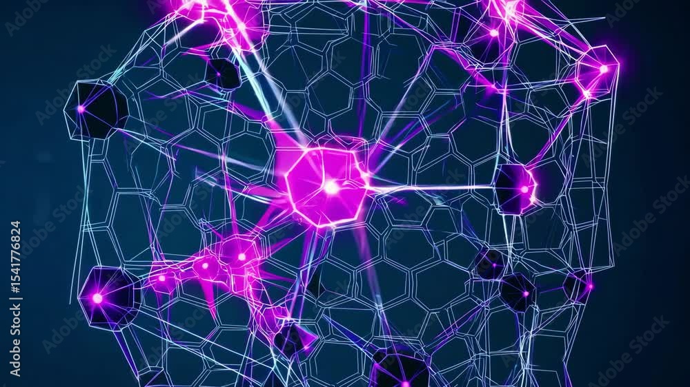 Poster abstract tech grid of semi-transparent hexagons with pink and purple nodes