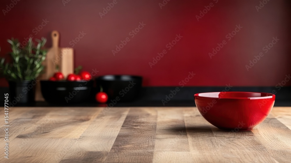 Poster a simple yet elegant red bowl sits on a wooden table against a deep red backdrop, creating a harmoni