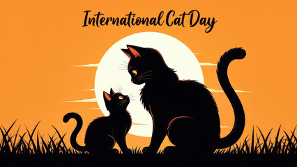Two black cats sitting in front of sunset with text International Cat Day, pet celebration, animal appreciation