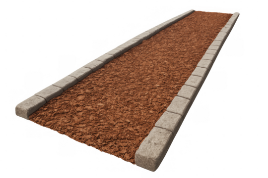 Long dirt path with concrete borders extending into distance on transparent background