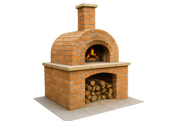 Traditional brick pizza oven burning wood on transparent background
