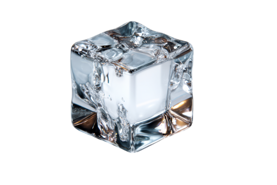Transparent ice cube resting on a smooth surface with reflections