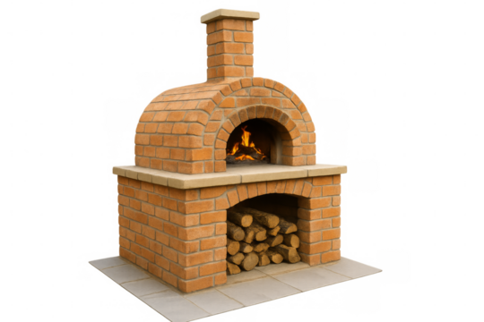Traditional brick pizza oven burning wood on transparent background