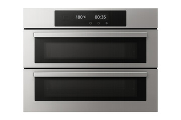 Modern double oven showing time and temperature on transparent background