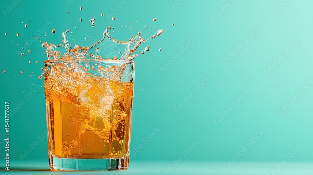 Aufkleber this dynamic image captures a refreshing drink splashing out of a filled glass, set against a vibran