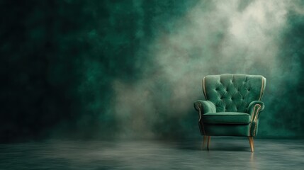 An elegant emerald green velvet chair is showcased against a moody, atmospheric background, creating a sense of luxury and sophistication in interior design.