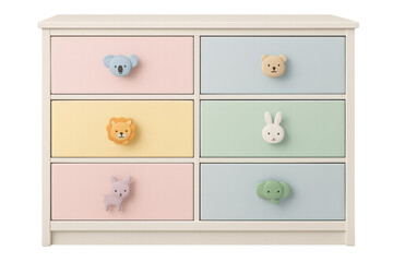 Colorful chest of drawers with animal shaped handles on transparent background