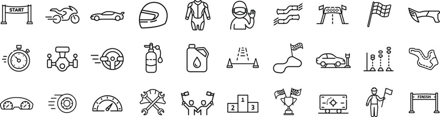 Motorsports Vector Icon Set.  Motor Racing. Racing car, motorcycle, helmet, trophy, oil, engine, pit stop, fuel, flag, speed, competition icons
