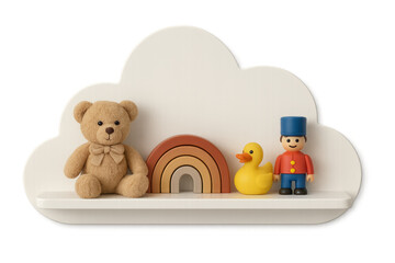 Teddy bear, rainbow toy and rubber duck sitting on cloud shaped shelf with transparent background