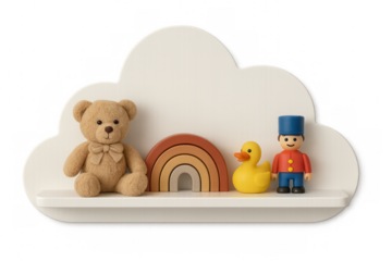 Teddy bear, rainbow toy and rubber duck sitting on cloud shaped shelf with transparent background