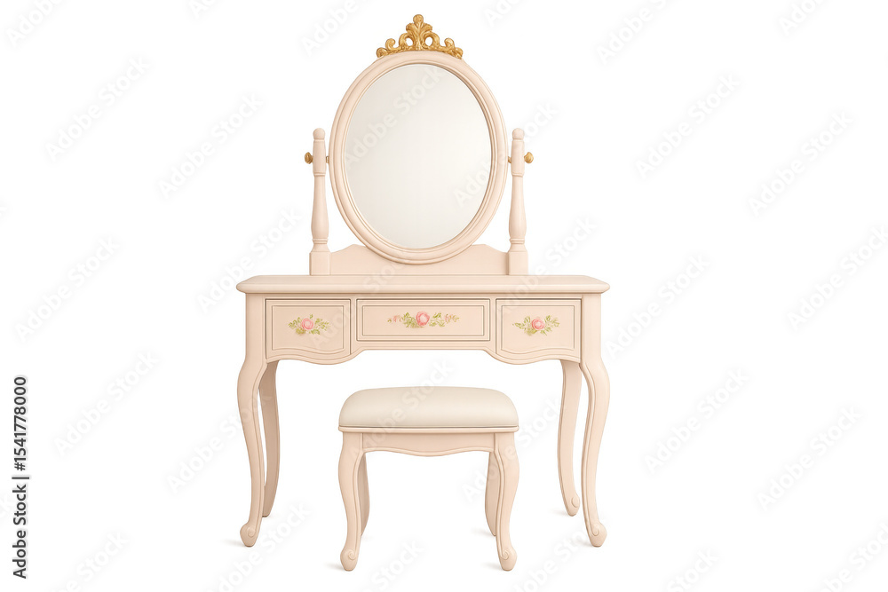 Poster elegant dressing table with oval mirror and matching stool on transparent background
