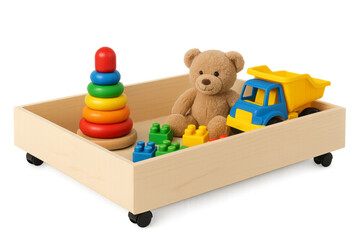 Wooden toy box containing stacking rings, teddy bear, toy truck and building blocks on transparent background