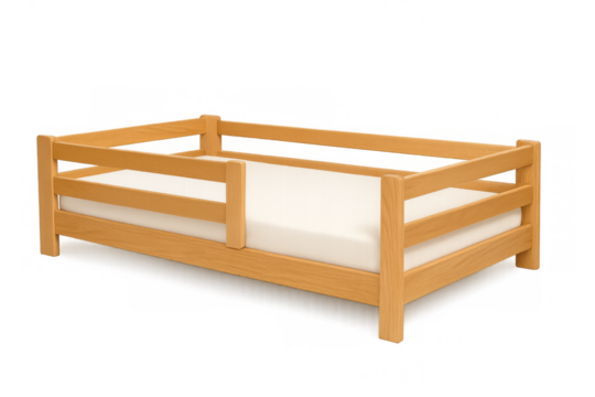 Wooden toddler bed with white mattress on transparent background