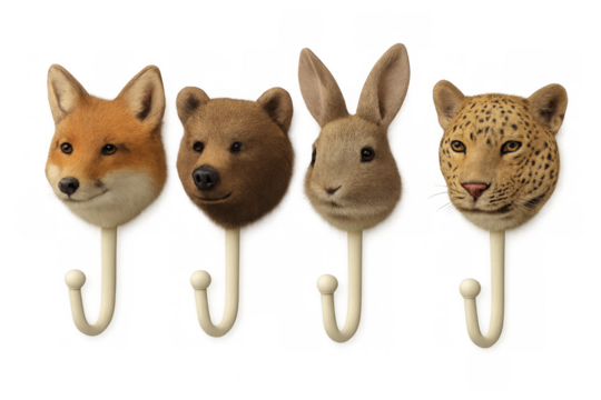 Fox, bear, rabbit and leopard heads forming wall hooks on transparent background