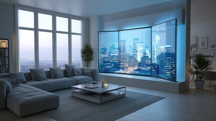 Wall-integrated foldable display unfolding automatically, high-tech home setting, realistic lighting, innovative living solution