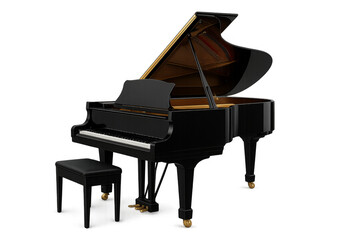 Black grand piano keyboard with open top on transparent background