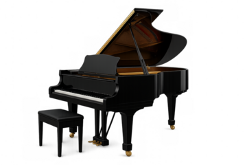 Black grand piano keyboard with open top on transparent background