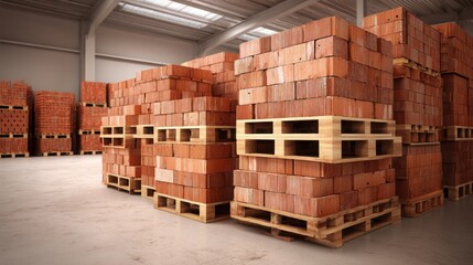 Warehouse interior filled with neatly stacked red bricks on wooden pallets, dusty floor, warm side lighting, industrial realism