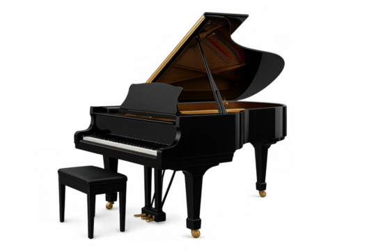 Black grand piano keyboard with open top on transparent background