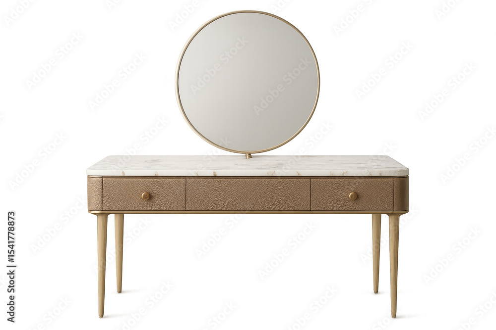 Poster modern dressing table with round mirror and marble top on transparent background