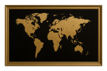 Golden world map in frame on transparent background