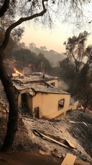Fototapeta premium Burned house in a forested area, surrounded by charred trees and smoke, illustrating the devastating impact of wildfires on residential properties and natural landscapes