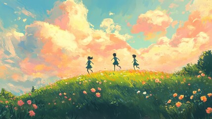 Three figures walking on a vibrant, flower-filled hill under a colorful sky