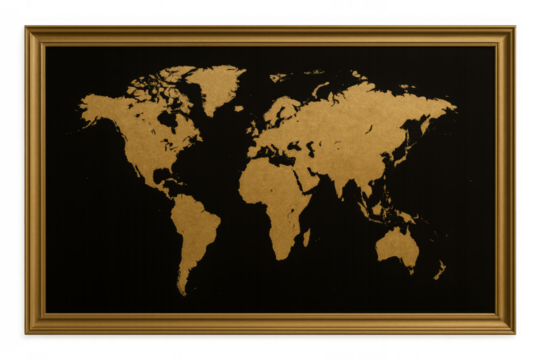Golden world map in frame on transparent background