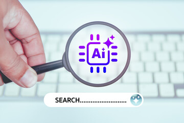 AI Search and Magnifying Glass on Keyboard, Artificial Intelligence Concept with Magnifying Glass...