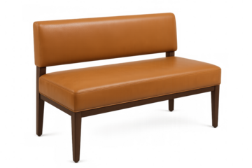 Modern orange leather two-seater waiting bench with wooden legs on transparent background
