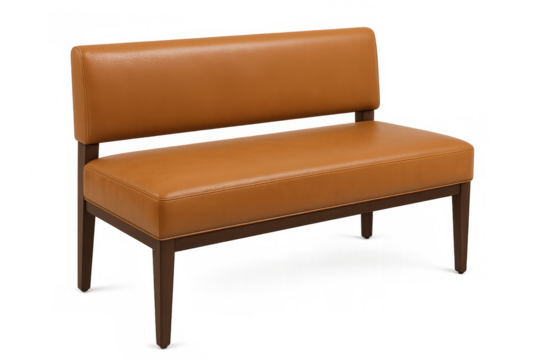 Modern orange leather two-seater waiting bench with wooden legs on transparent background