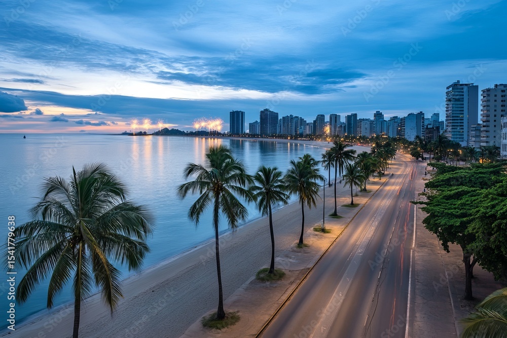 Poster scenic coastal view at twilight, featuring palm trees lining a serene beach road, with city skyline 