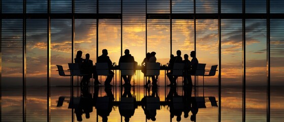 The silhouettes of business professionals in a sunset meeting at a corporate office.