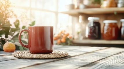 A cozy ceramic mug filled with warm coffee is placed on a rustic table, surrounded by natural light and jars, capturing a serene morning moment in a kitchen setting.