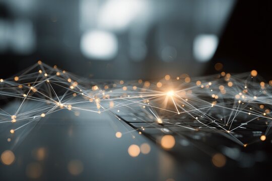 An abstract network of lines connecting luminous points above a dark surface with a blurred background
