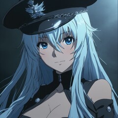 Anime girl, light-skinned, pale blue hair, military-style cap