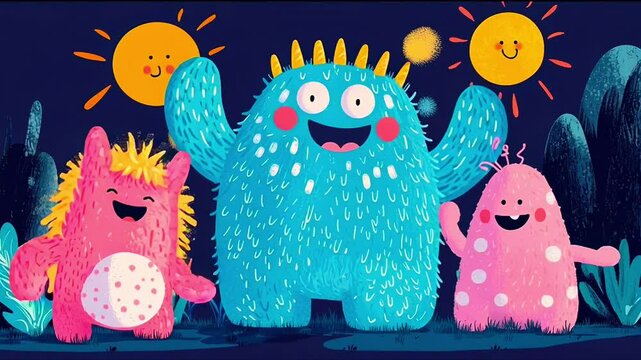 Three colorful animated monsters dance joyfully in a whimsical night forest with smiling suns and glowing lights.