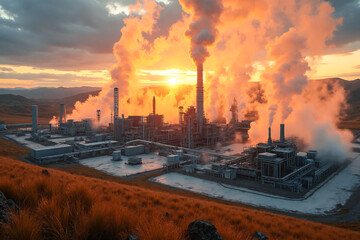 Factory on a renewable source of geothermal energy in highlands. Renewable geothermal energy pant.