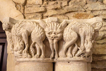 Zoomorphic capitals of the Romanesque Basilica of San Prudencio de Armentia. Vitoria, Basque Country, Spain.