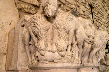 Zoomorphic capitals of the Romanesque Basilica of San Prudencio de Armentia. Vitoria, Basque Country, Spain