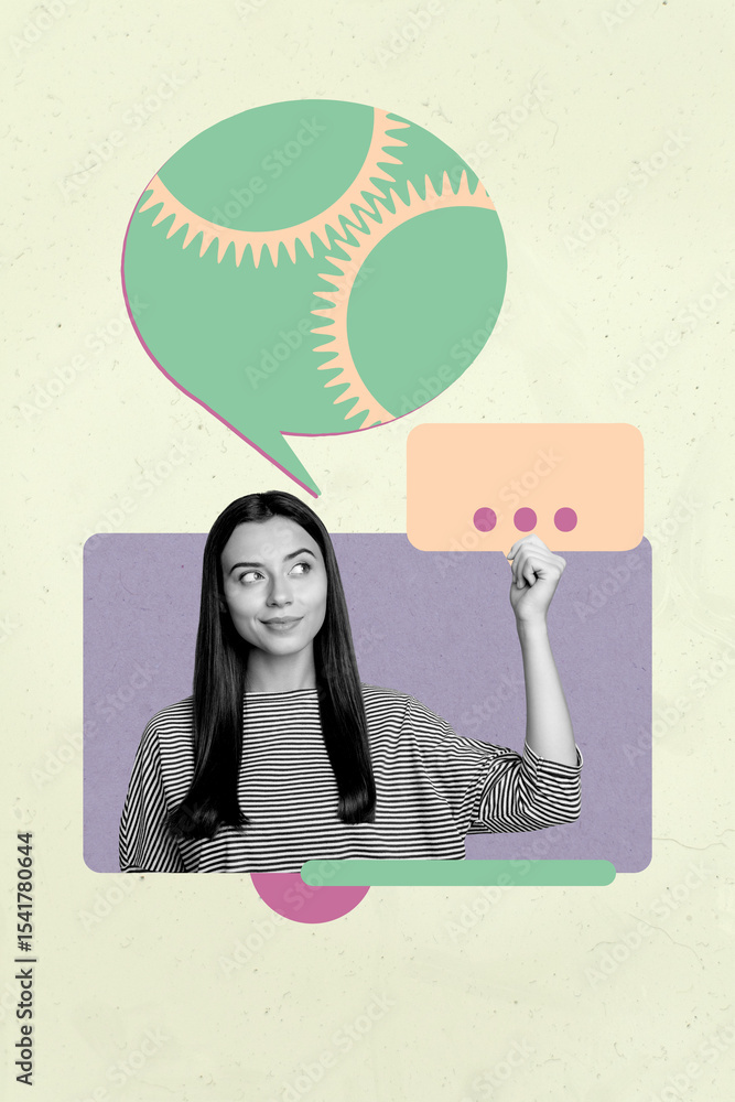 Poster sketch vertical photo pop collage of happy girl guy send receive message notification speech chat ne