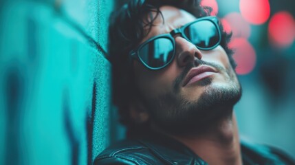 A stylish man leans against a wall wearing sunglasses, highlighting the cool urban aesthetic of city life combined with a introspective mood captured in soft lighting.