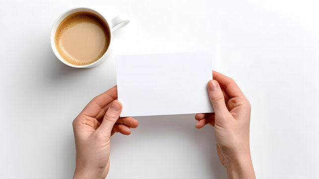 Hands Holding Blank Card with Coffee and Gift Top View Flat Lay