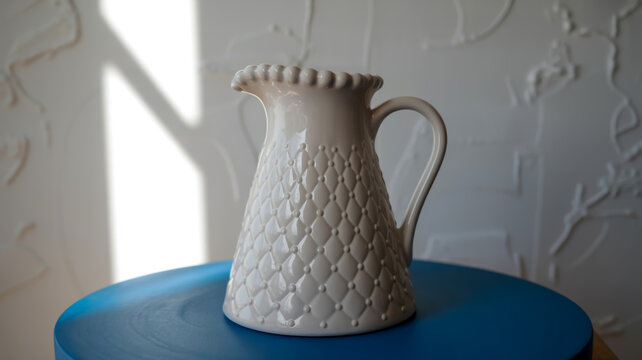 A white ceramic pitcher with a textured surface featuring a fish-scale pattern and raised bubble decorations along the rim