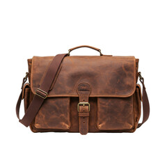 Rustic leather messenger bag with adjustable strap and brass buckle detailing.