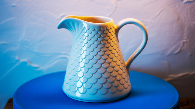 A white ceramic pitcher with a textured surface featuring a fish-scale pattern and raised bubble decorations along the rim